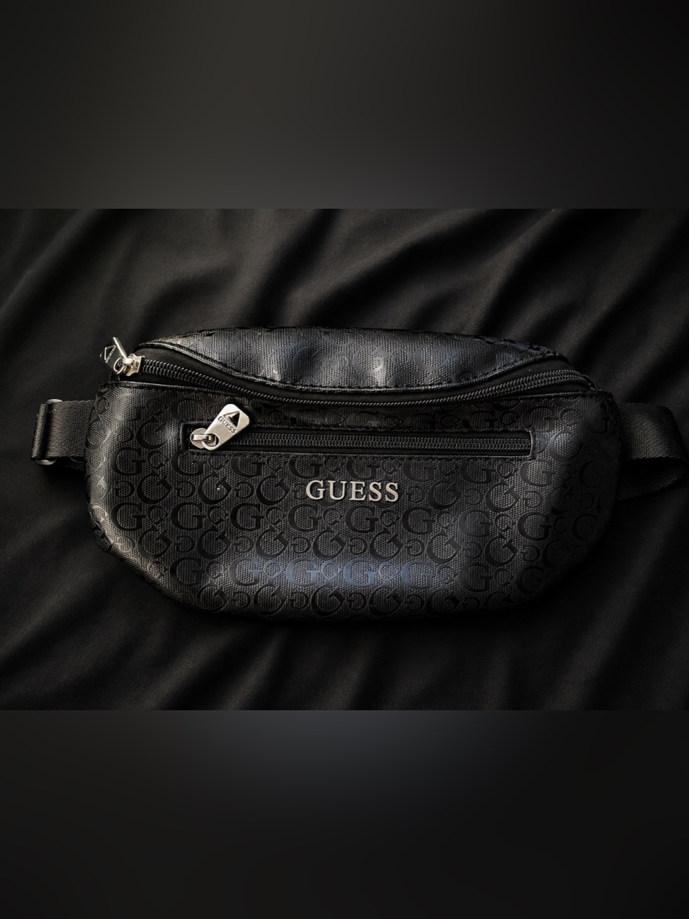 Guess Black Monogram Belt Bag with Silver Hardware